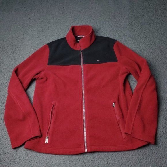 Tommy Hilfiger Fleece Jacket Mens M Medium Zip Burgundy Red Polyester - Picture 1 of 8